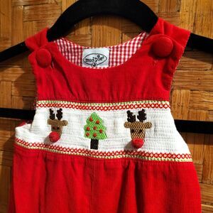 Vintage Mud Pie Red Christmas Romper Corduroy Overall Longall Reindeer SZ 0-6M